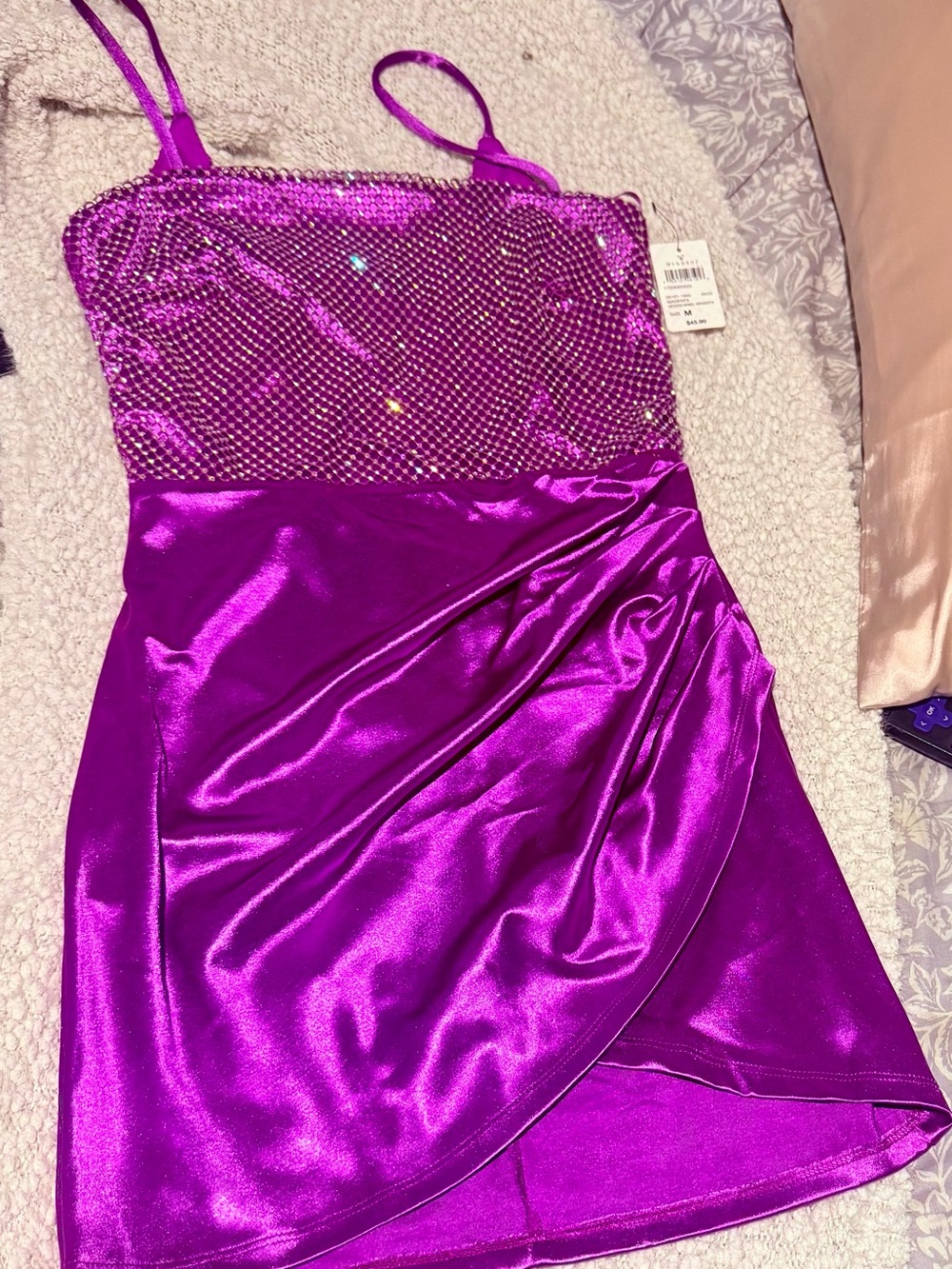 Winsdor Fushia Satin Mini Dress with Embellished Bodice NWT